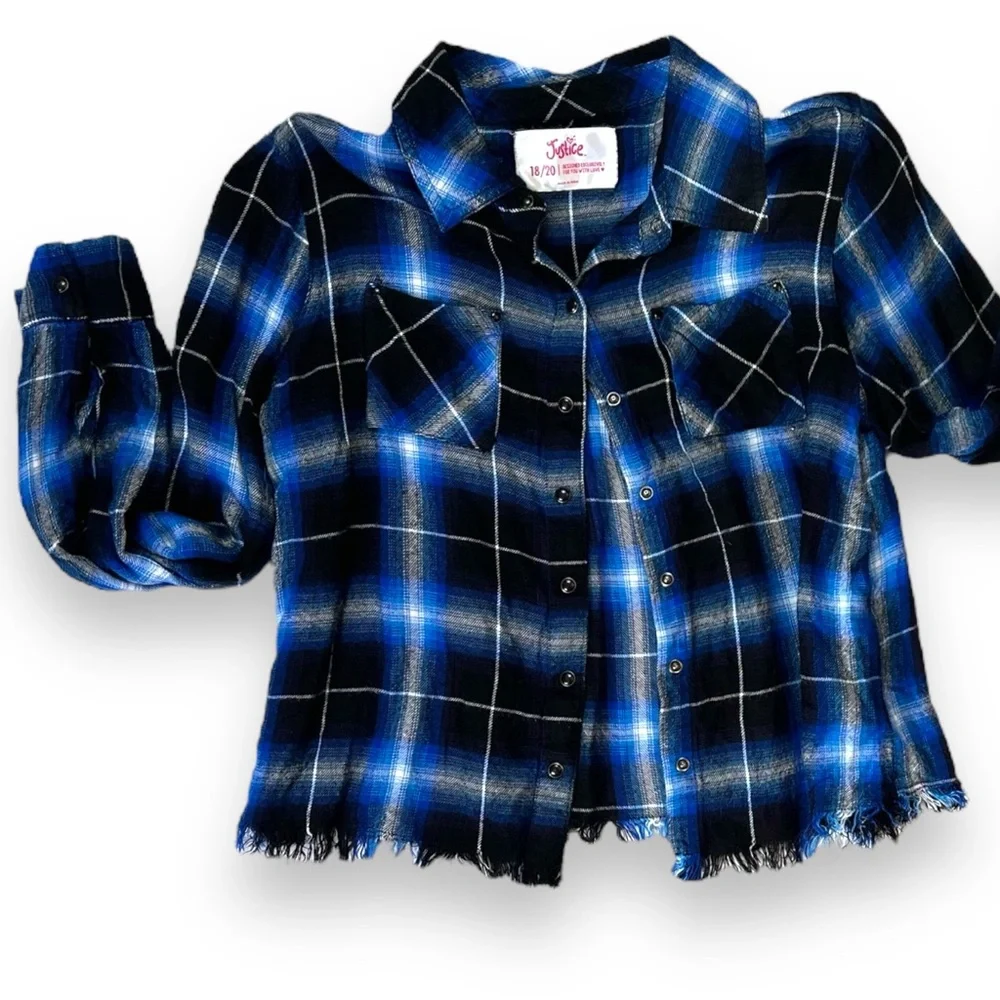 Justice Cropped Electr  Blue Plaid Long Sleeve Button Down Fringed Flannel - Picture 9 of 10